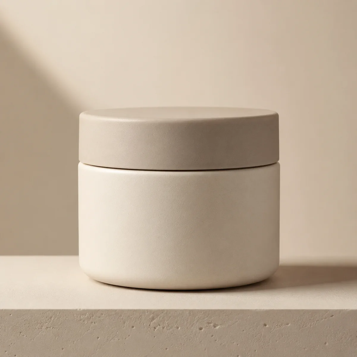 Unbranded matte skincare jar on a neutral studio surface with soft side lighting.