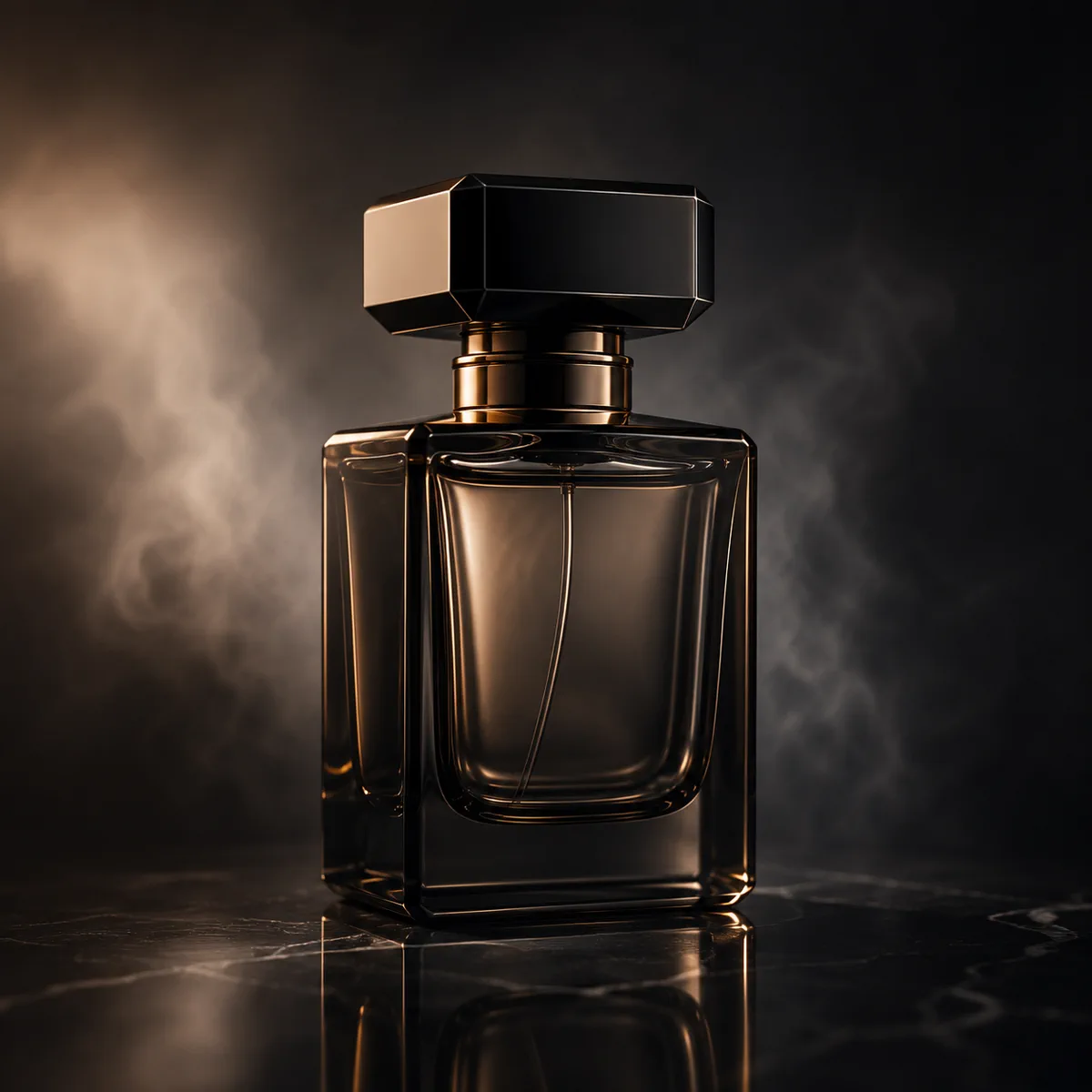 Unbranded smoky glass bottle on a dark reflective surface with dramatic lighting.