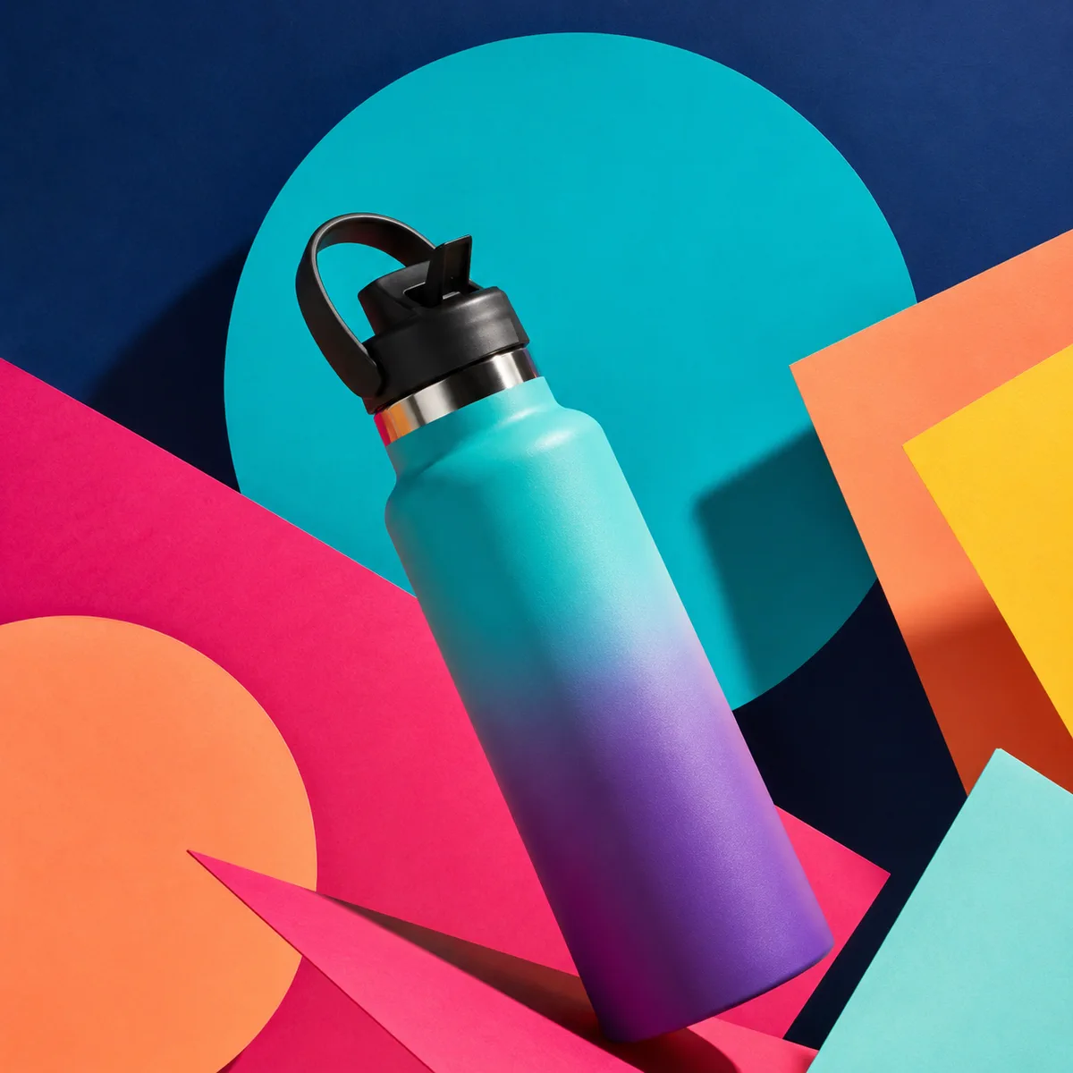 Unbranded reusable water bottle arranged with bright geometric paper shapes.