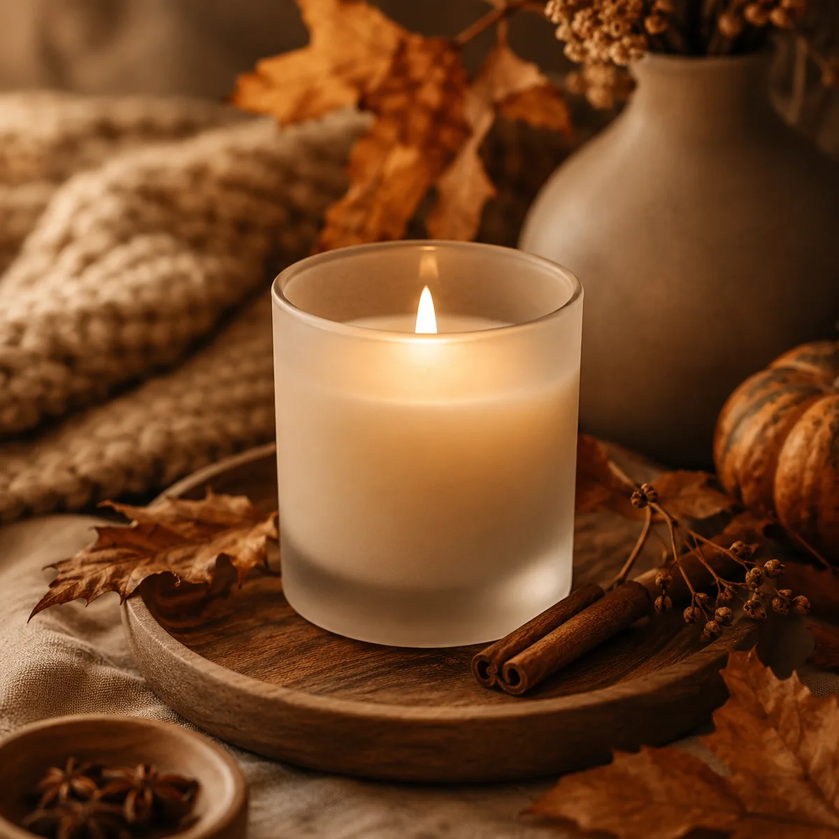 Unbranded frosted candle in a warm autumn scene with leaves and cinnamon sticks.