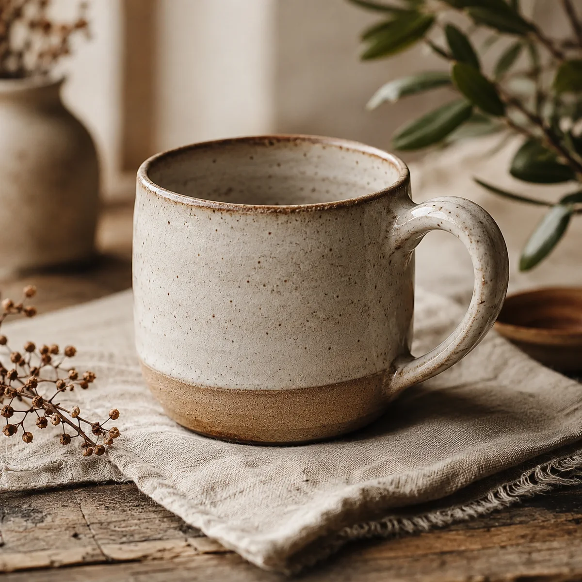 Unbranded artisan ceramic mug on linen with soft natural lighting.