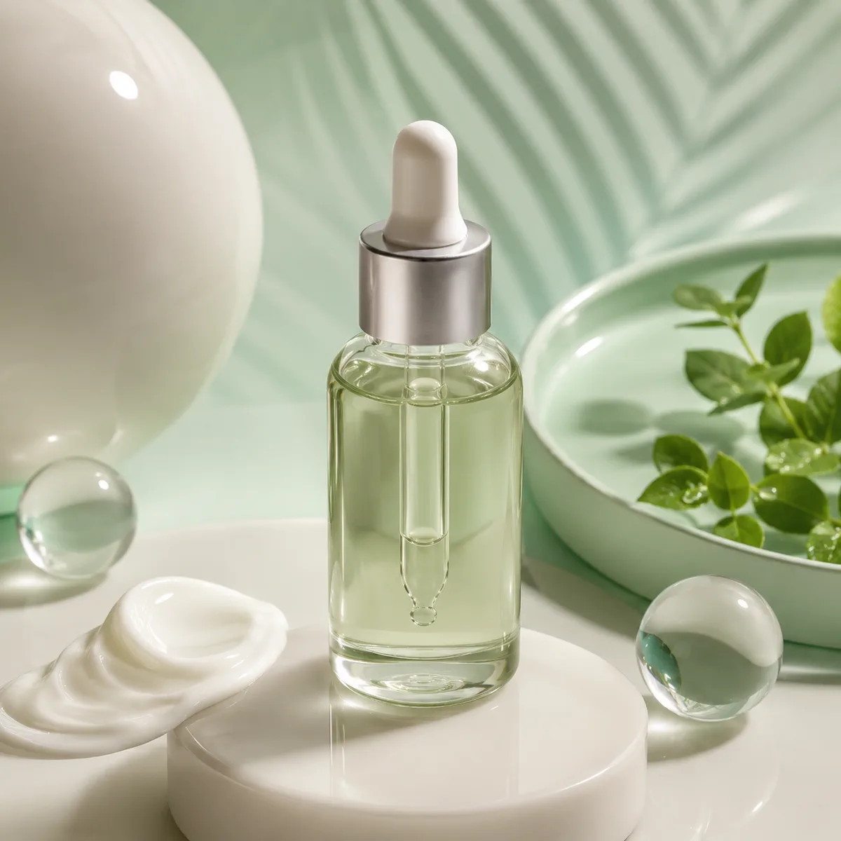 Unbranded skincare serum bottle with pale green props and soft diffused lighting.