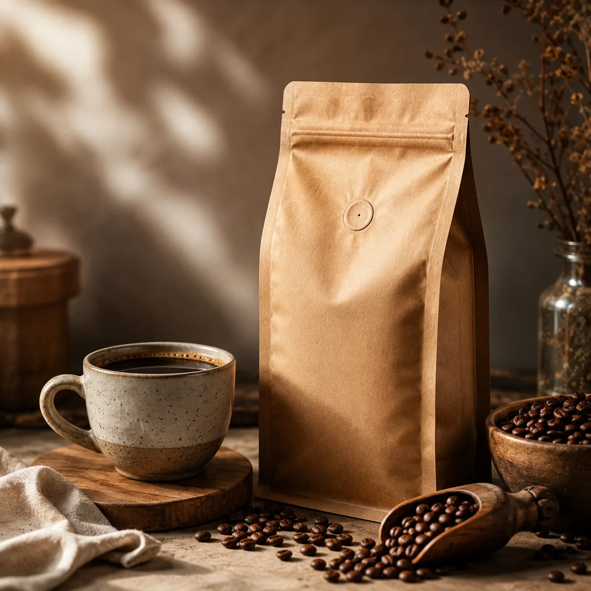 Unbranded coffee bag with ceramic cup and coffee beans in warm natural light.
