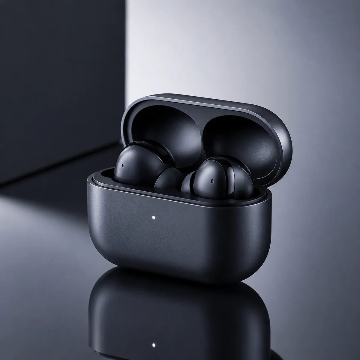 Unbranded wireless earbuds case on a reflective surface with cool neutral studio lighting.