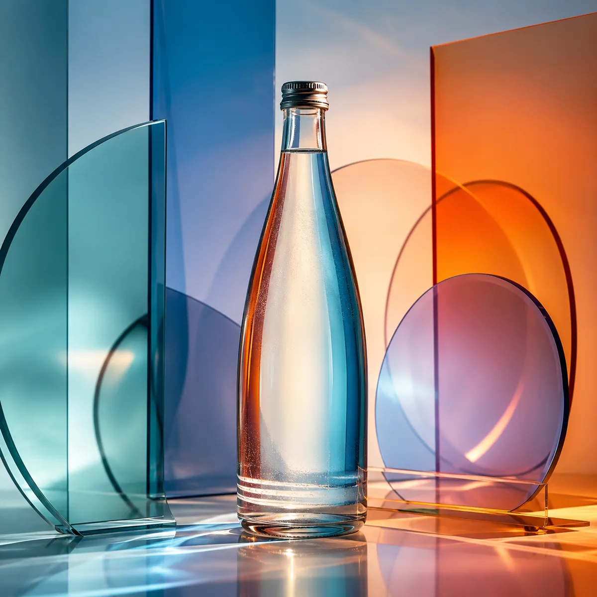 Unbranded glass bottle surrounded by translucent shapes and controlled light refractions.